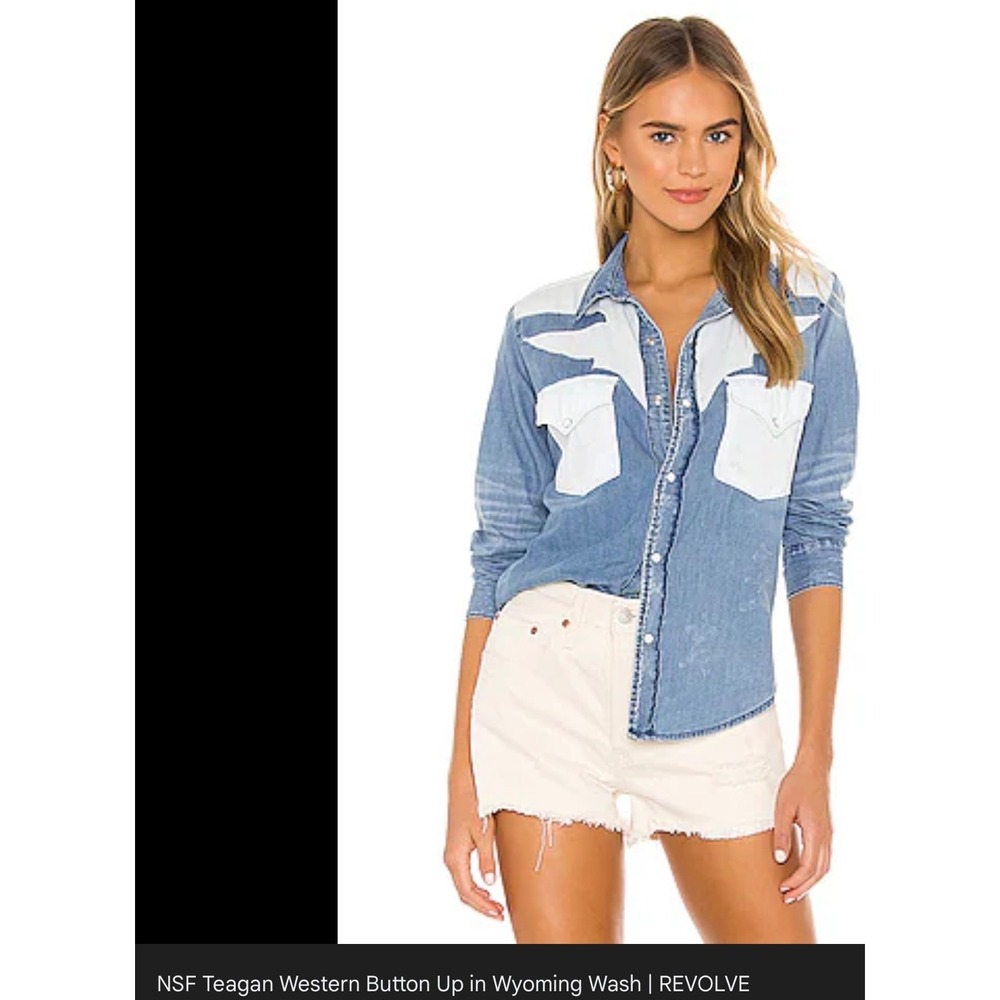 NSF Teagan Western Button Up Denim Shirt Wyoming Wash Distressed Blue White S